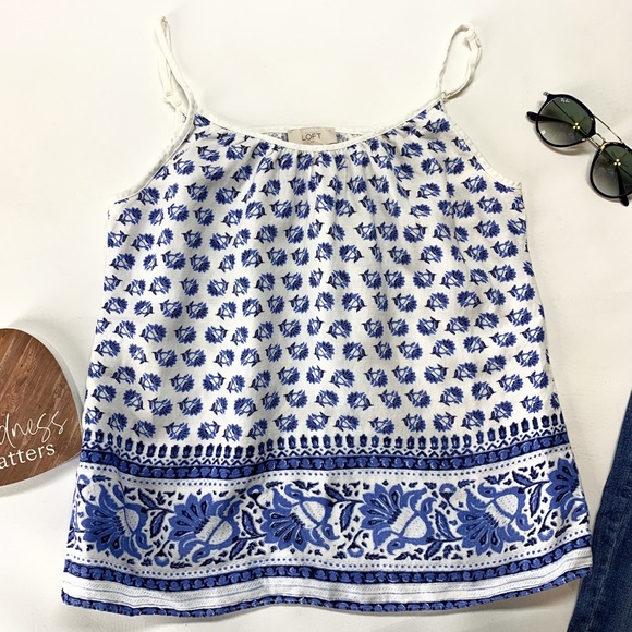 LOFT Linen Blend Floral Bohemian Blue Rose Polish Pottery Spaghetti Strap Tank - Picture 2 of 8